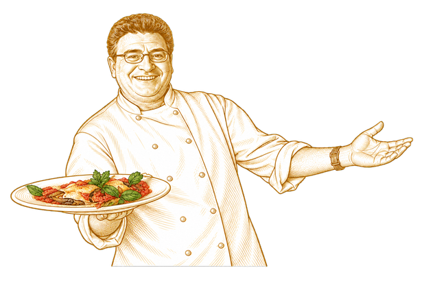 Caricature of Chef Totò welcoming guests with a dish