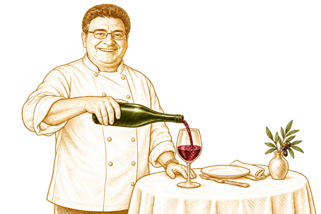 Caricature of Chef Totò pouring wine at the table