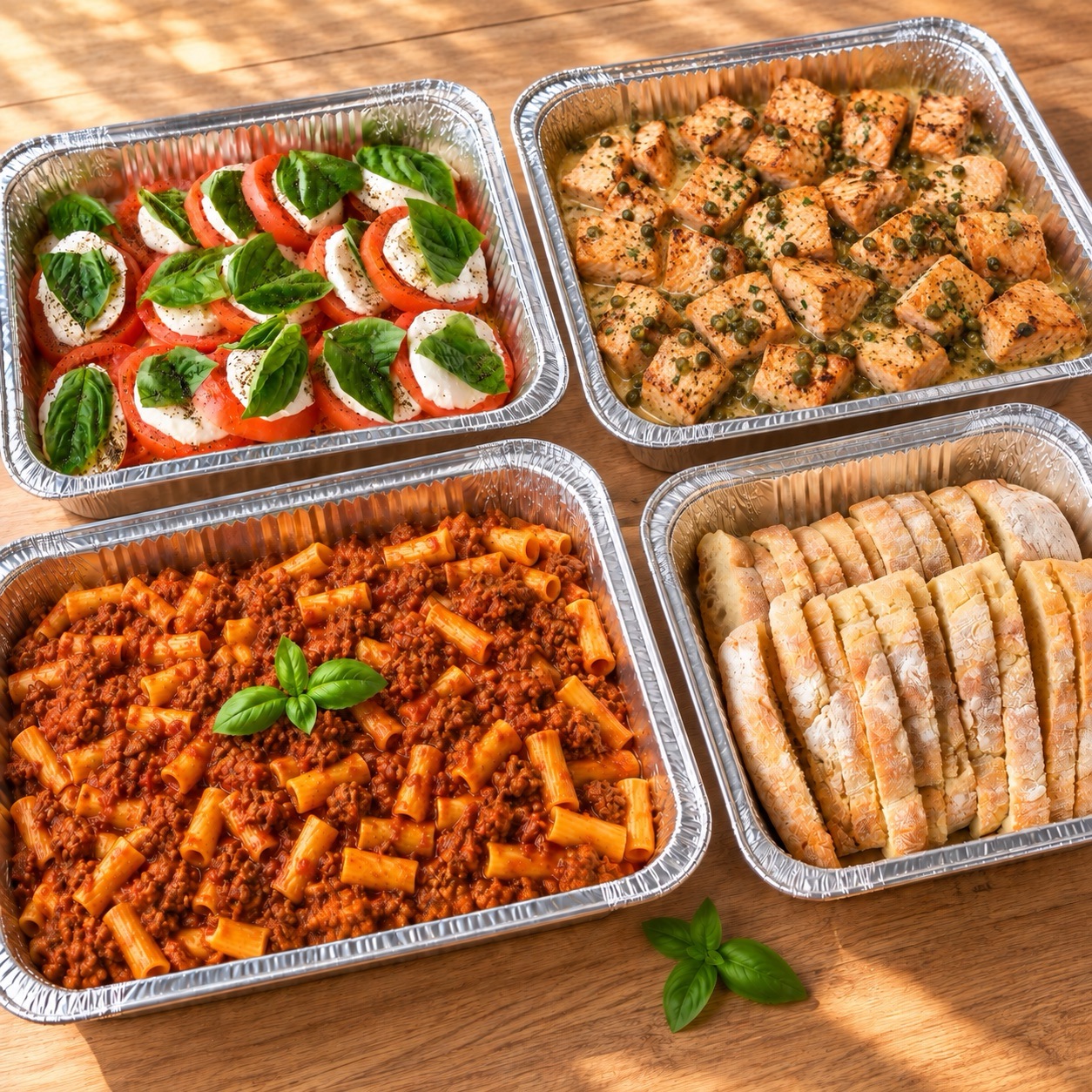 Party trays of caprese, salmon with capers, rigatoni with meat sauce and sliced bread