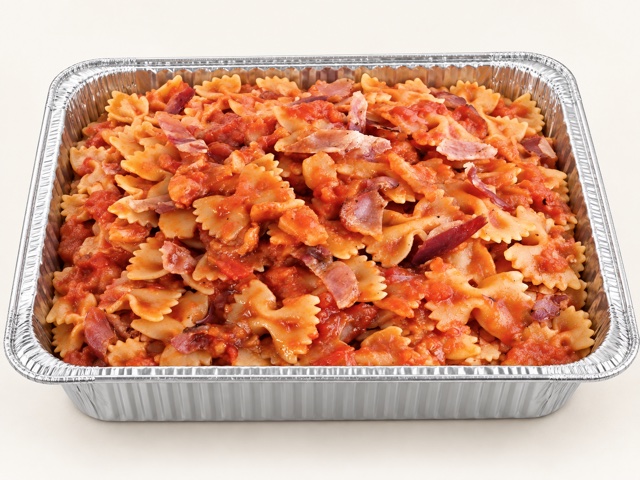 Farfalle with pancetta and onion in tomato sauce in a half-size aluminum catering tray
