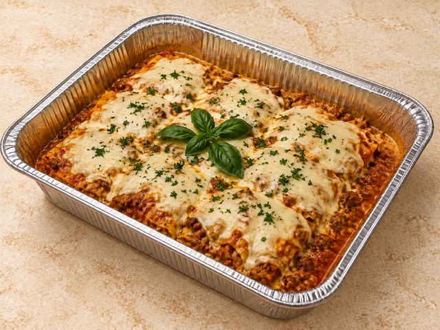 Beef Lasagna served in a party tray