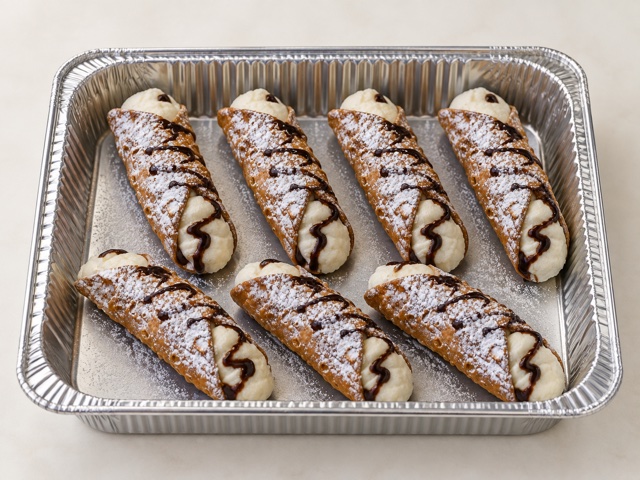 Seven ricotta-filled cannoli with powdered sugar and chocolate drizzle in a half-size aluminum catering tray