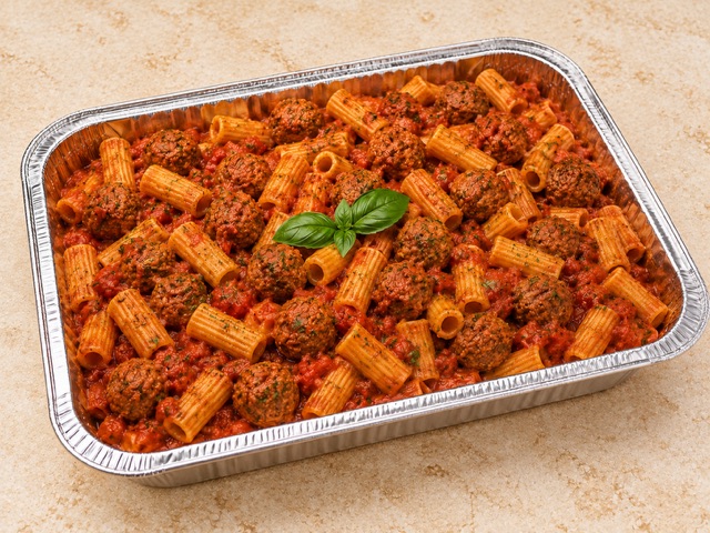 Pasta Meatballs served in a party tray