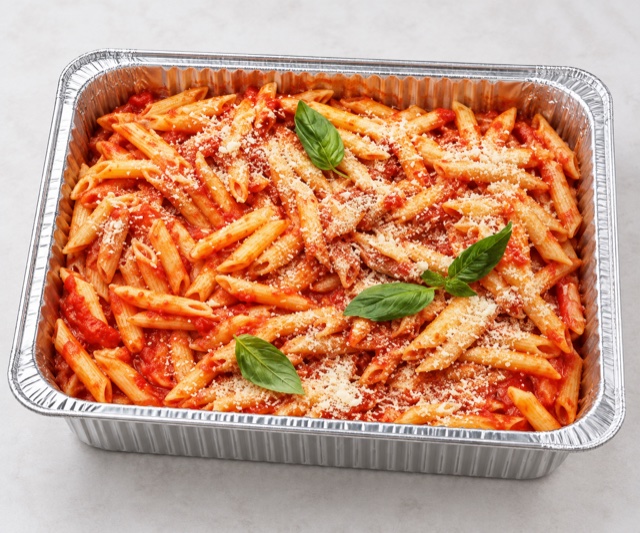 Penne with tomato sauce, grated cheese and basil in a half-size aluminum catering tray