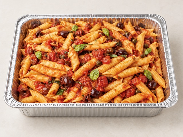Penne puttanesca with tomato sauce, olives and capers in a half-size aluminum catering tray